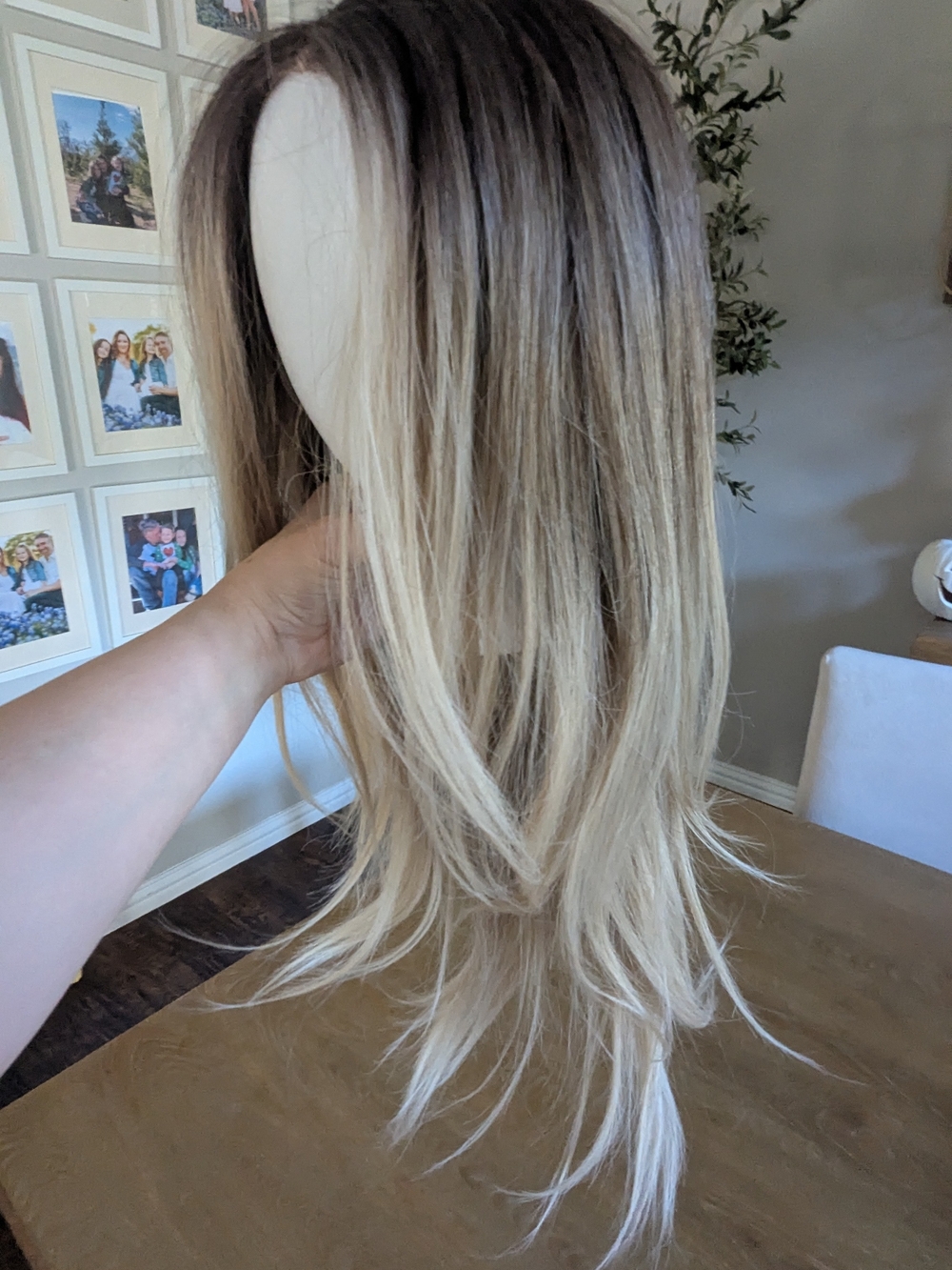 Long Ombre Blonde Wig with Natural Brown Roots - Women’s Synthetic Wig